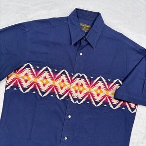 VTG Rustler Western Shirt Men M Blue Southwestern Aztec Pearl Snap Short Sleeve
